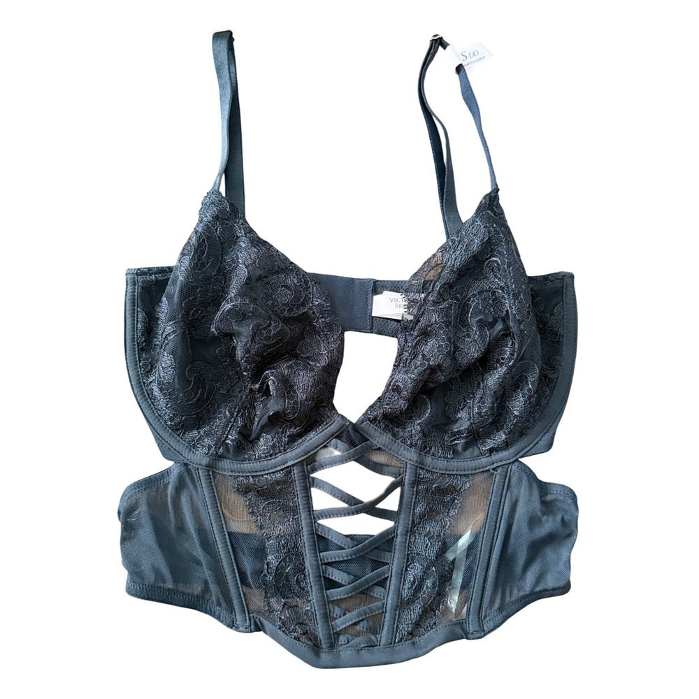 Victoria's Secret Black Lace Lightly Lined Bustier Corset Top S-DD Goth Romantic